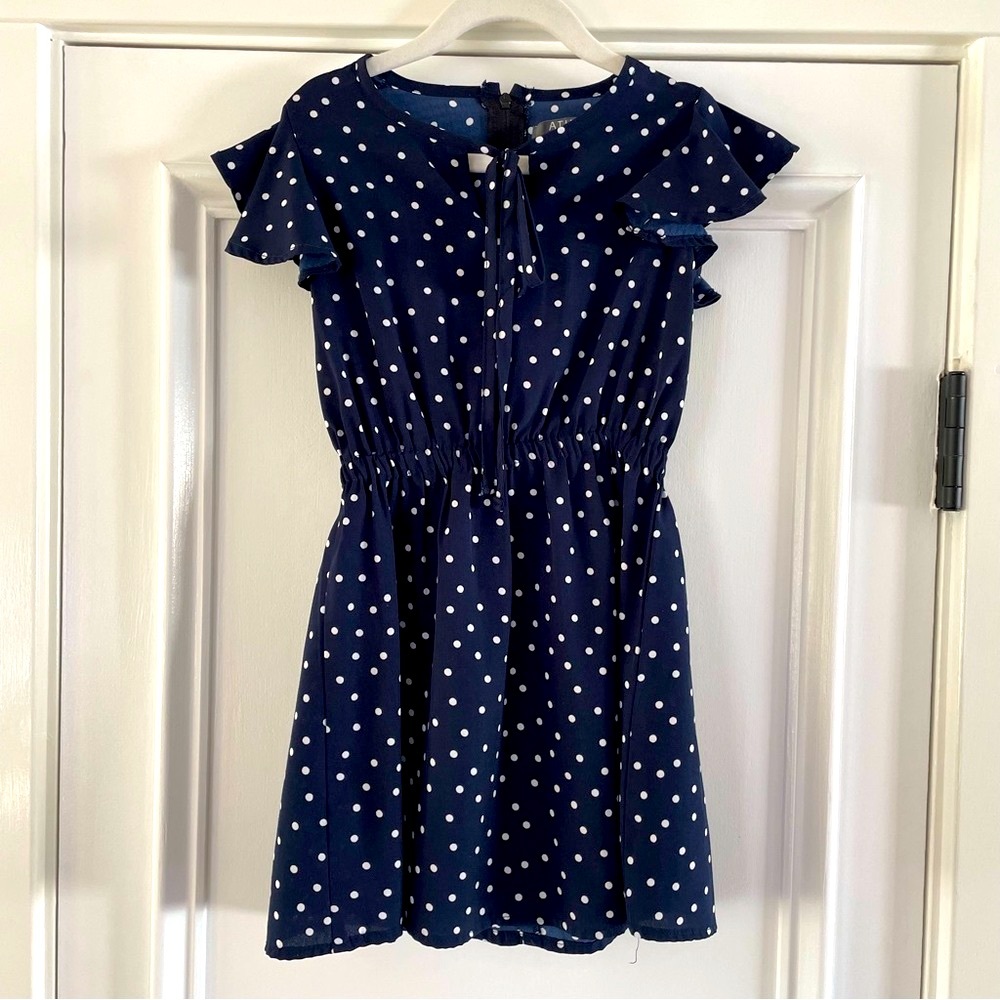 Girls A.T.U.N all things uber nice navy and white polka dot dress